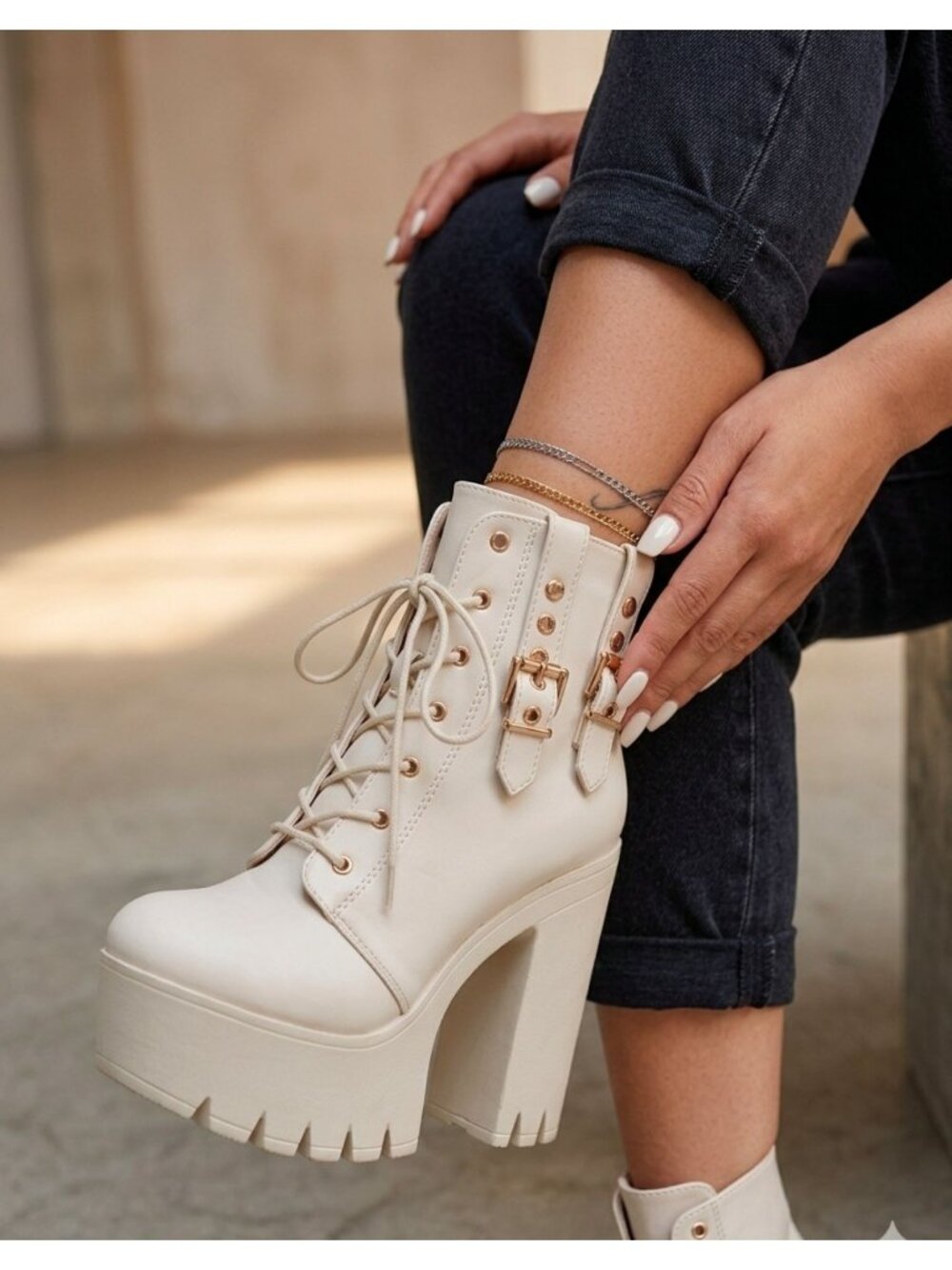 Lace-Up Platform Chunky Heel Ankle Boots With Gold Buckle Detail Faux Leather